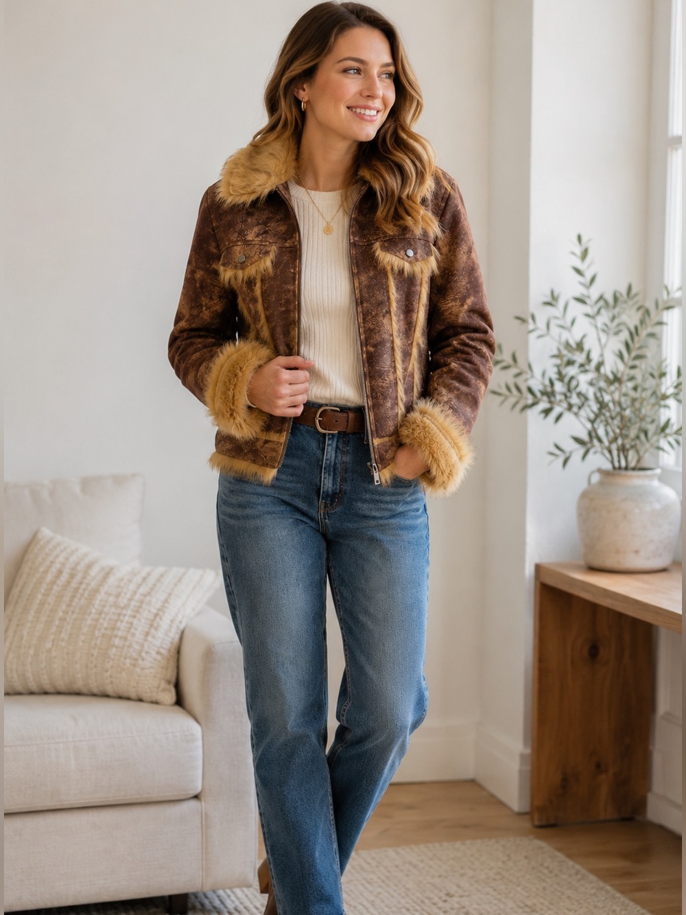 Daniel Benjamin Faux Fur Trim Moto Jacket Y2K Statement Coat | Women’s Large